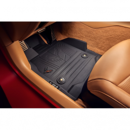 C8 Corvette Premium All-Weather Floor Liners in Jet Black with Crossed Flags Logo